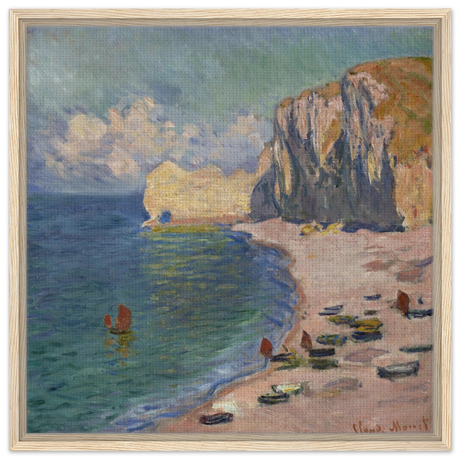 Étretat, The Beach and the Falaise d'Amont (1885) – Claude Monet Wall Art Print - Framed Canvas - 60x60 cm / 24x24″ - Wood frame