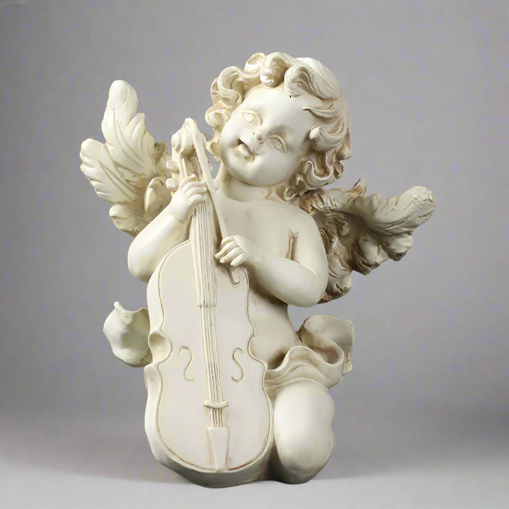 European Cupid Resin Sculpture – Elegant Character Figurine Ornament - Seated Cupid with Lyre - 