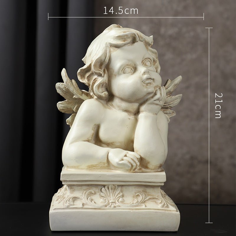 European Cupid Resin Sculpture – Elegant Character Figurine Ornament - Resting Cherub on Pedestal - 