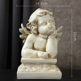 European Cupid Resin Sculpture – Elegant Character Figurine Ornament - Resting Cherub on Pedestal - 