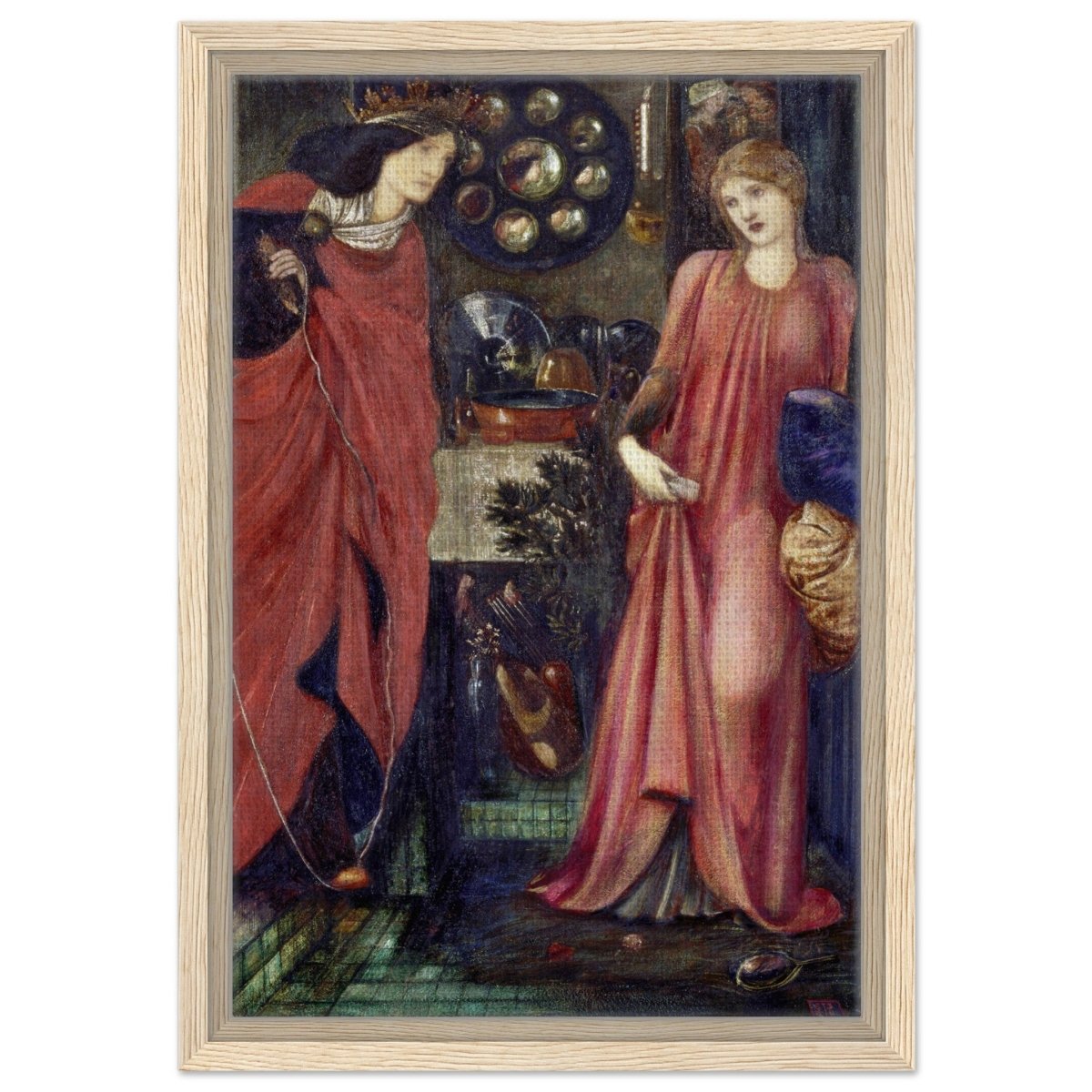 Fair Rosamund and Queen Eleanor (1861) by Sir Edward Burne–Jones | Vintage wall art print - Framed Canvas - 30x45 cm / 12x18″ - Wood frame