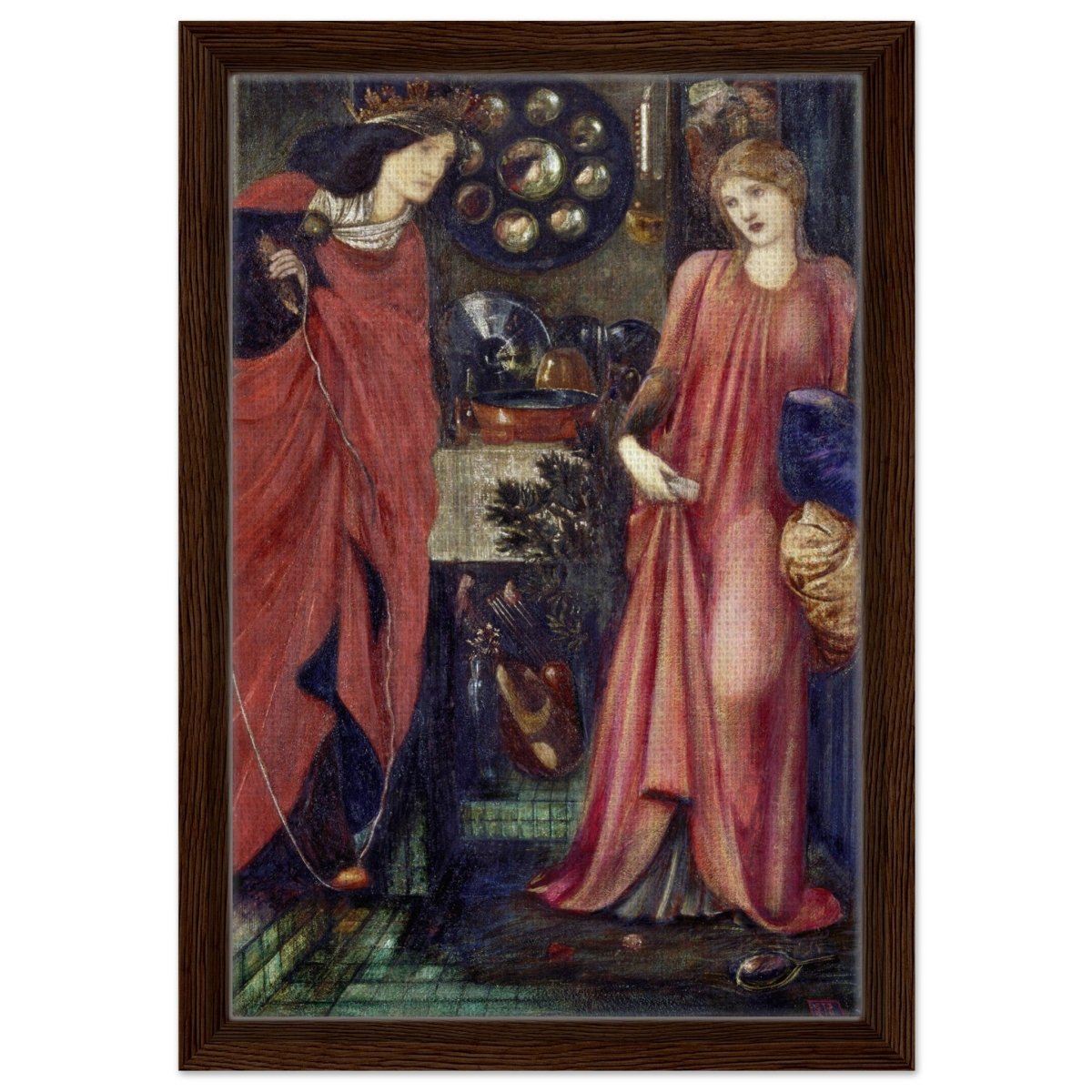 Fair Rosamund and Queen Eleanor (1861) by Sir Edward Burne–Jones | Vintage wall art print - Framed Canvas - 30x45 cm / 12x18″ - Dark wood frame