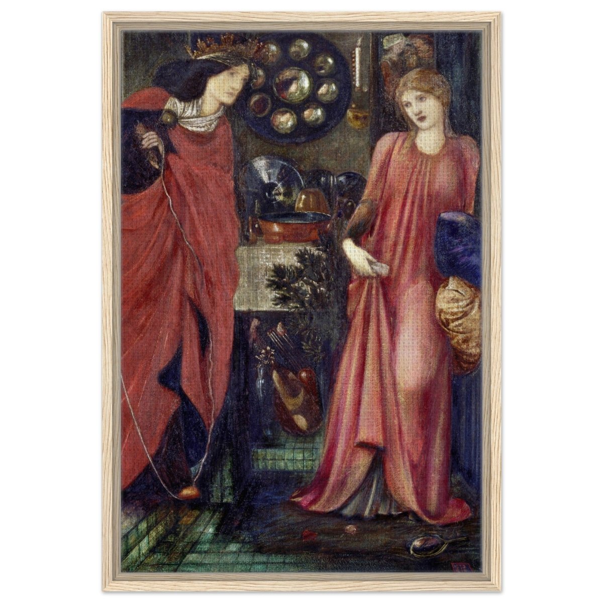 Fair Rosamund and Queen Eleanor (1861) by Sir Edward Burne–Jones | Vintage wall art print - Framed Canvas - 50x75 cm / 20x30″ - Wood frame