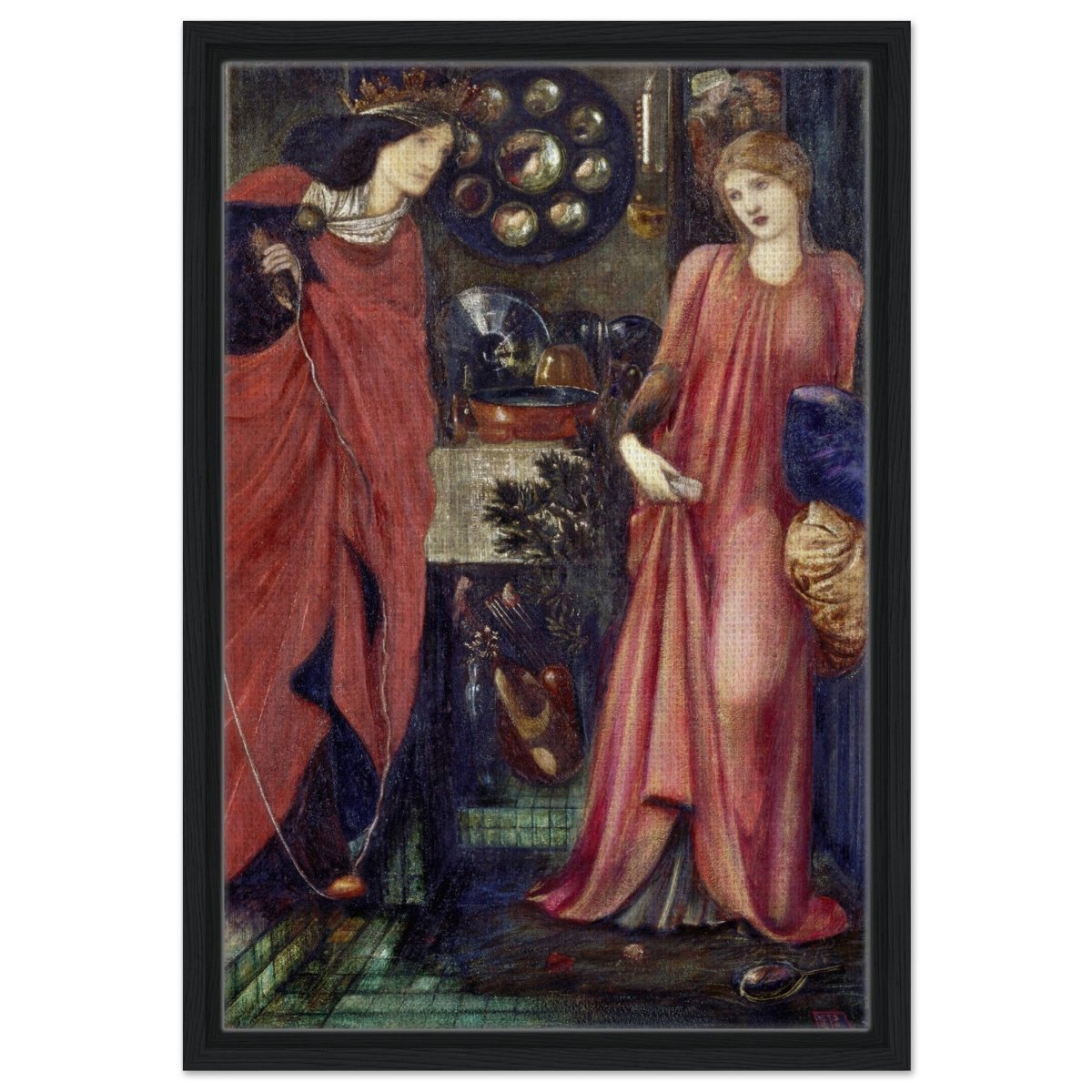 Fair Rosamund and Queen Eleanor (1861) by Sir Edward Burne–Jones | Vintage wall art print - Framed Canvas - 40x60 cm / 16x24″ - Black frame