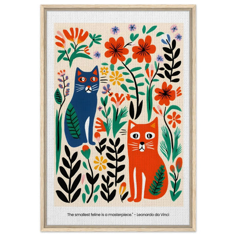 Feline Garden Delight | Modern Folk Art with a playful, illustrative style - Framed Canvas - 60x90 cm / 24x36″ - Wood frame