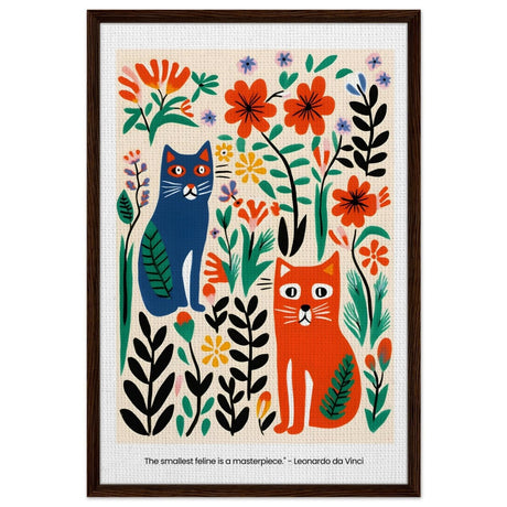 Feline Garden Delight | Modern Folk Art with a playful, illustrative style - Framed Canvas - 60x90 cm / 24x36″ - Dark wood frame