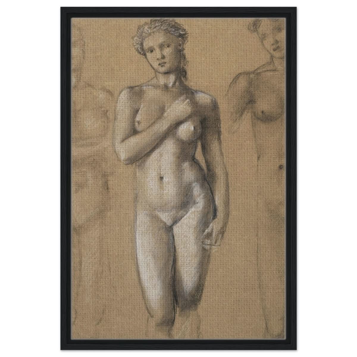 Female Nude Three Studies by Sir Edward Burne - Jones | Vintage wall art print - Framed Canvas - 50x75 cm / 20x30″ - Black frame
