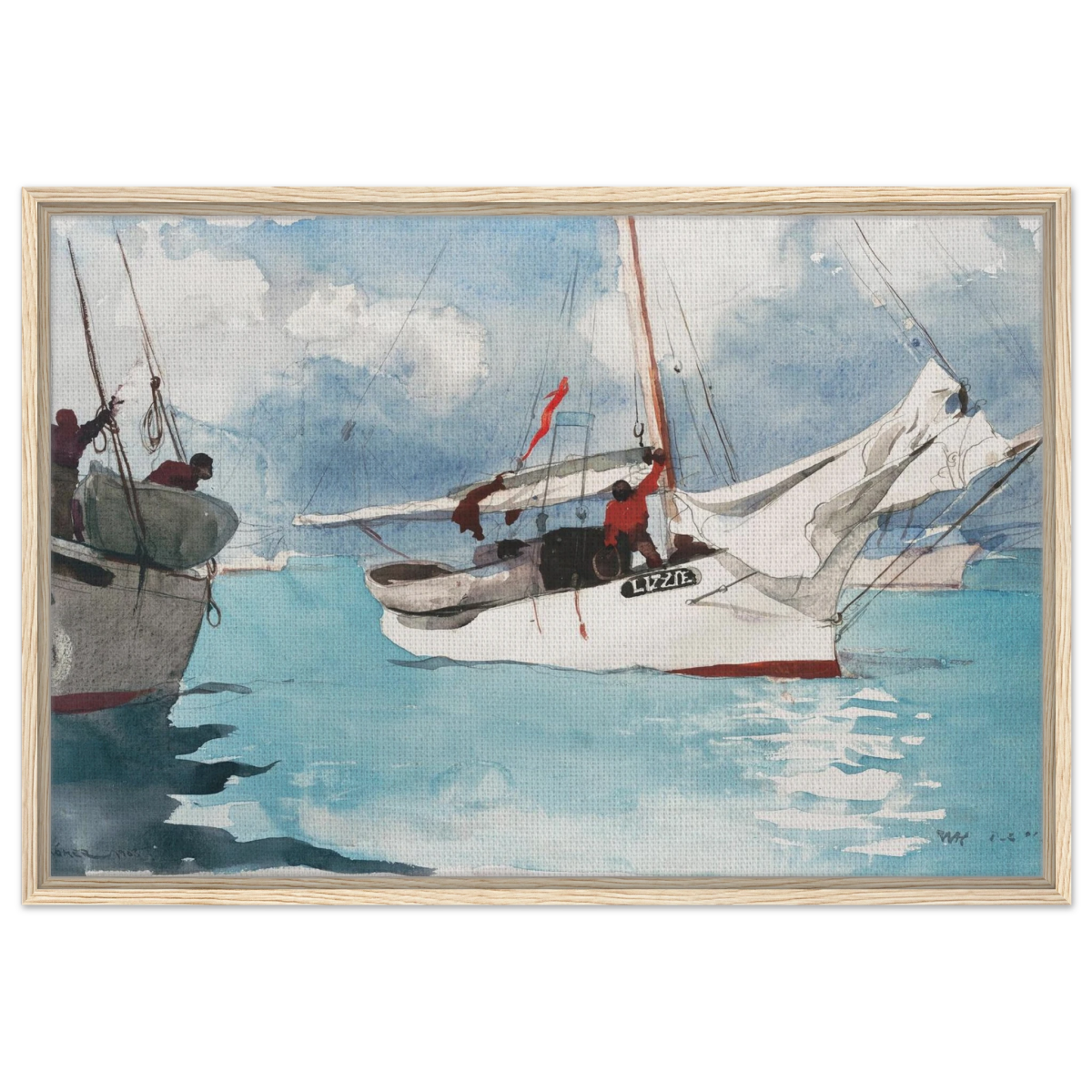 "Fishing Boats, Key West" – Nautical Wall Art Print by Winslow Homer - Framed Canvas - 60x90 cm / 24x36″ - Wood frame