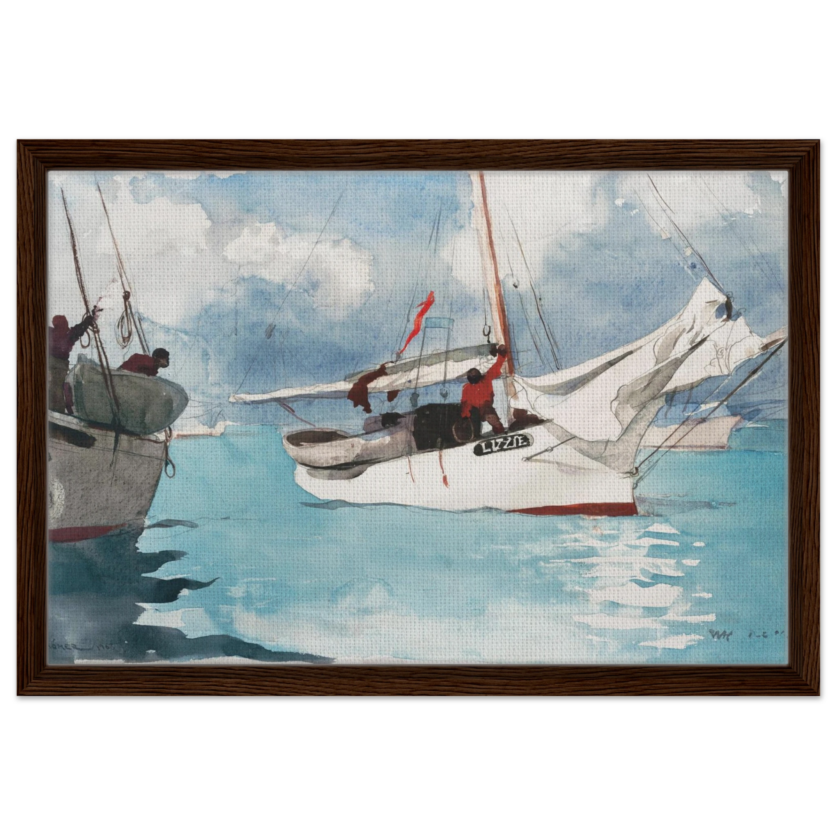 "Fishing Boats, Key West" – Nautical Wall Art Print by Winslow Homer - Framed Canvas - 40x60 cm / 16x24″ - Dark wood frame