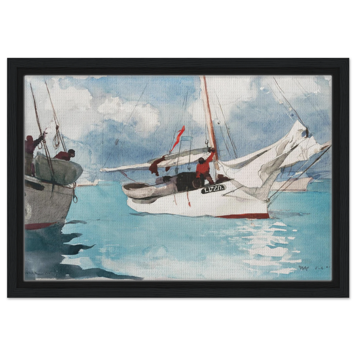 "Fishing Boats, Key West" – Nautical Wall Art Print by Winslow Homer - Framed Canvas - 30x45 cm / 12x18″ - Black frame