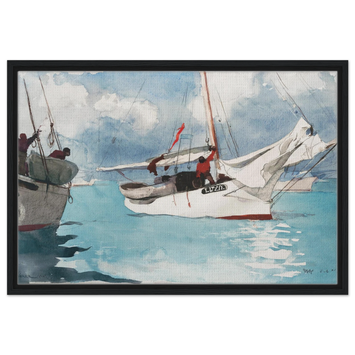 "Fishing Boats, Key West" – Nautical Wall Art Print by Winslow Homer - Framed Canvas - 50x75 cm / 20x30″ - Black frame