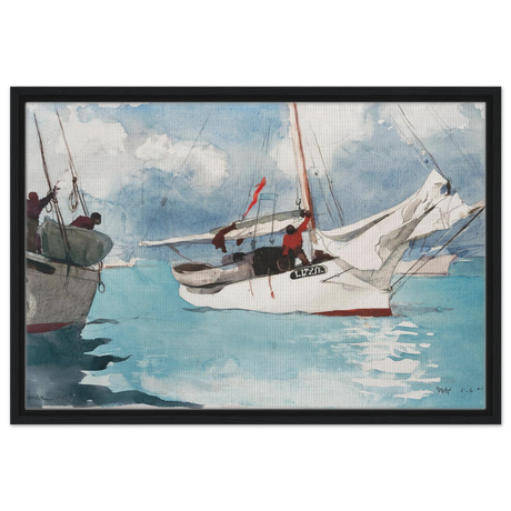 "Fishing Boats, Key West" – Nautical Wall Art Print by Winslow Homer - Framed Canvas - 50x75 cm / 20x30″ - Black frame
