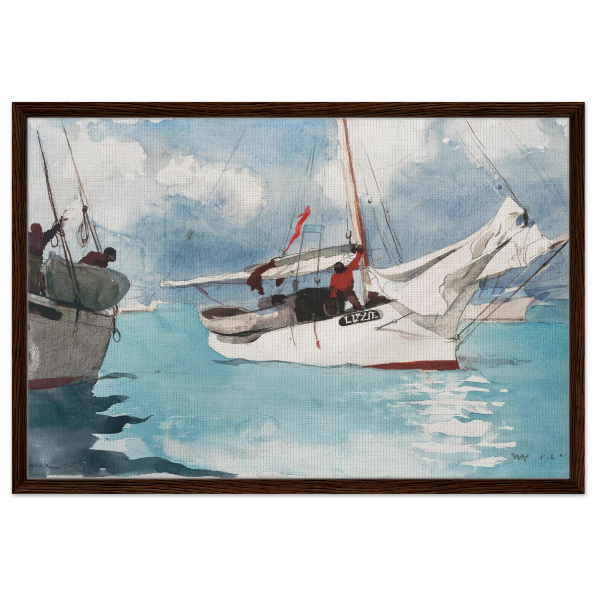 "Fishing Boats, Key West" – Nautical Wall Art Print by Winslow Homer - Framed Canvas - 60x90 cm / 24x36″ - Dark wood frame