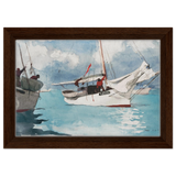 "Fishing Boats, Key West" – Nautical Wall Art Print by Winslow Homer - Framed Canvas - 20x30 cm / 8x12″ - Dark wood frame