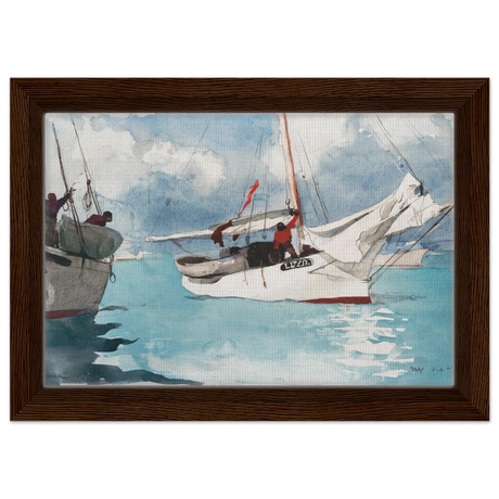 "Fishing Boats, Key West" – Nautical Wall Art Print by Winslow Homer - Framed Canvas - 20x30 cm / 8x12″ - Dark wood frame