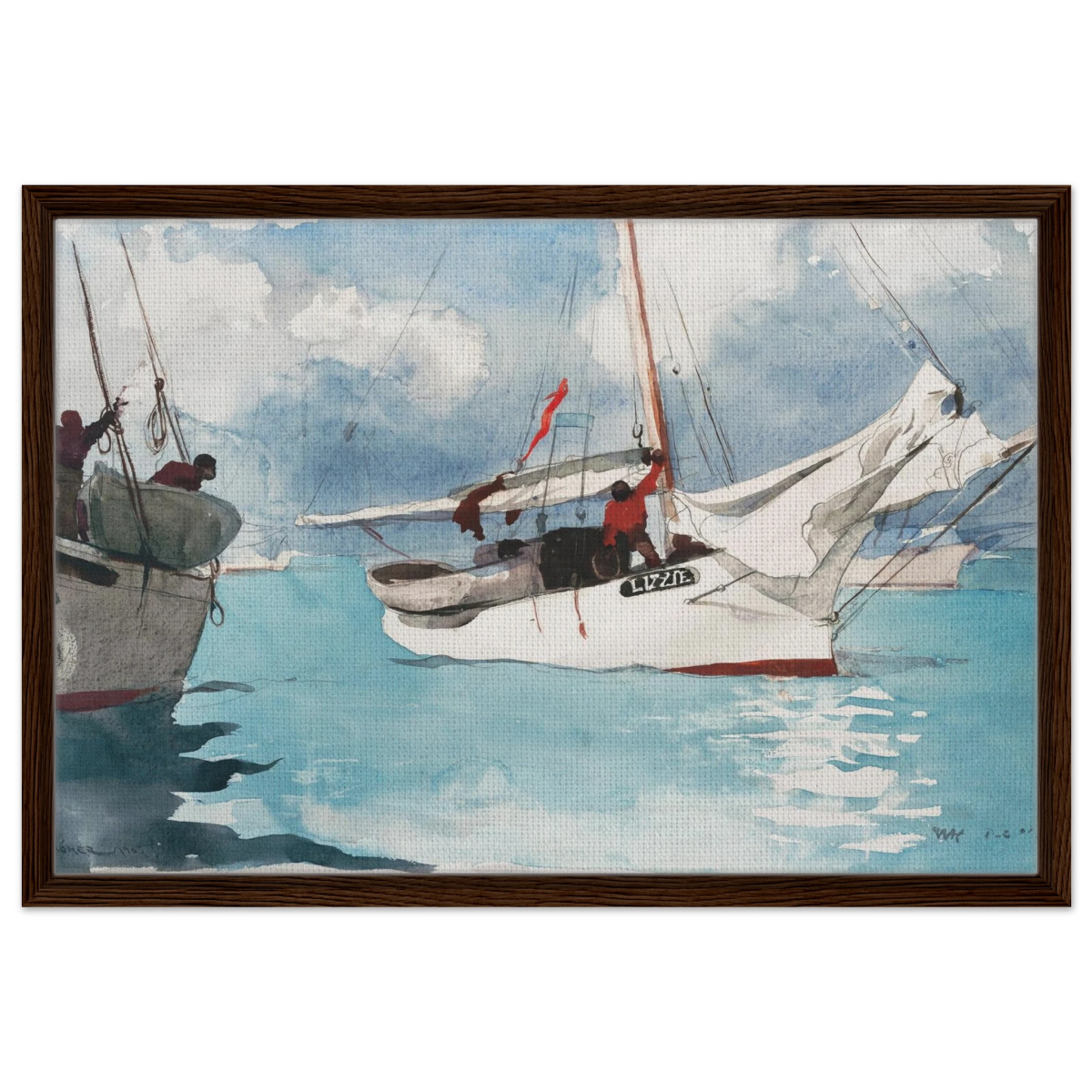 "Fishing Boats, Key West" – Nautical Wall Art Print by Winslow Homer - Framed Canvas - 50x75 cm / 20x30″ - Dark wood frame