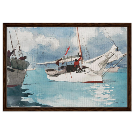 "Fishing Boats, Key West" – Nautical Wall Art Print by Winslow Homer - Framed Canvas - 50x75 cm / 20x30″ - Dark wood frame