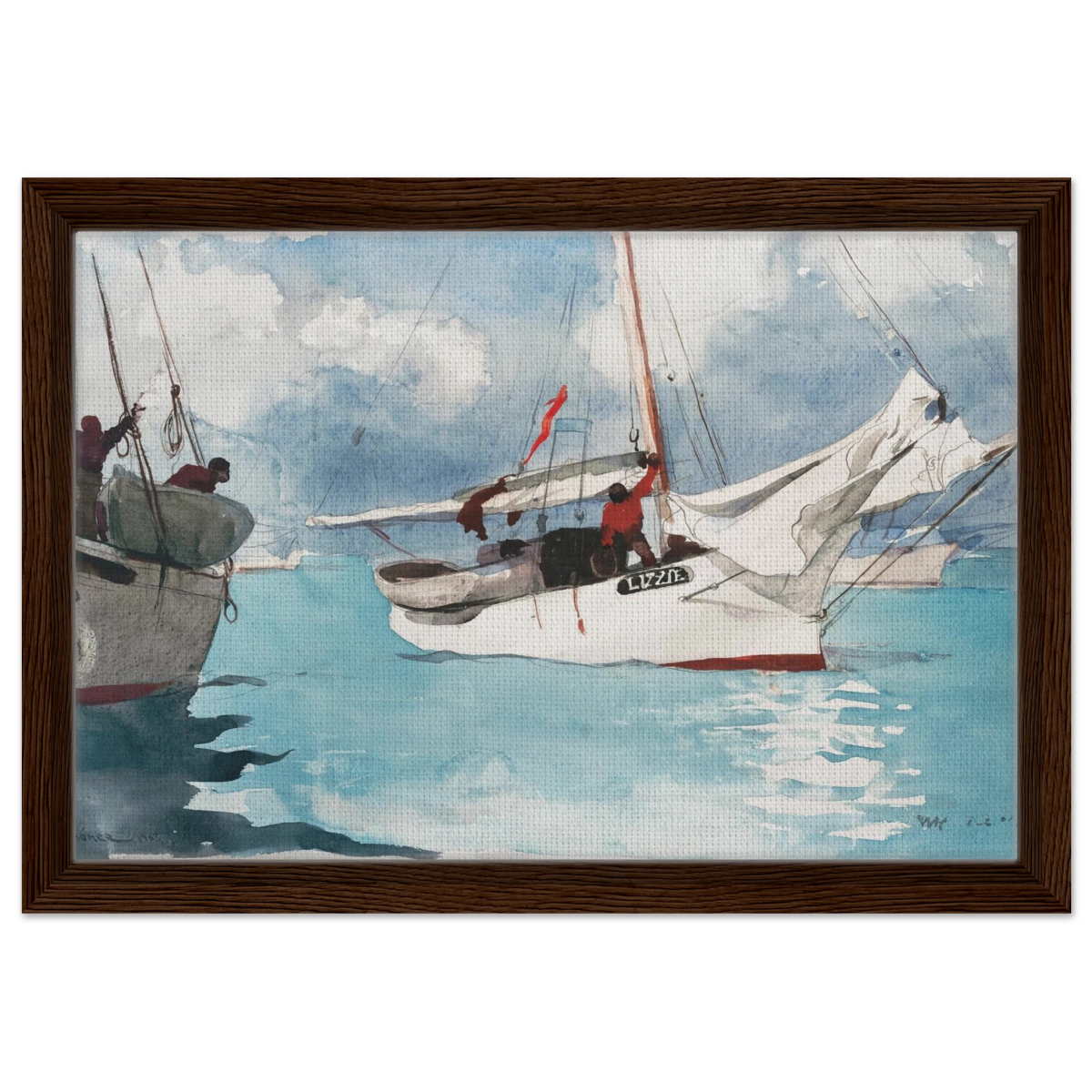 "Fishing Boats, Key West" – Nautical Wall Art Print by Winslow Homer - Framed Canvas - 30x45 cm / 12x18″ - Dark wood frame