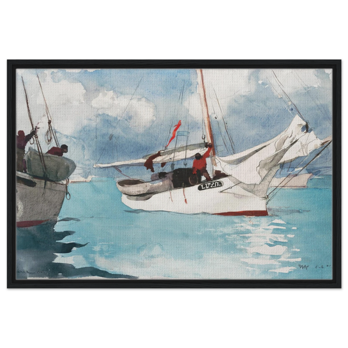"Fishing Boats, Key West" – Nautical Wall Art Print by Winslow Homer - Framed Canvas - 60x90 cm / 24x36″ - Black frame