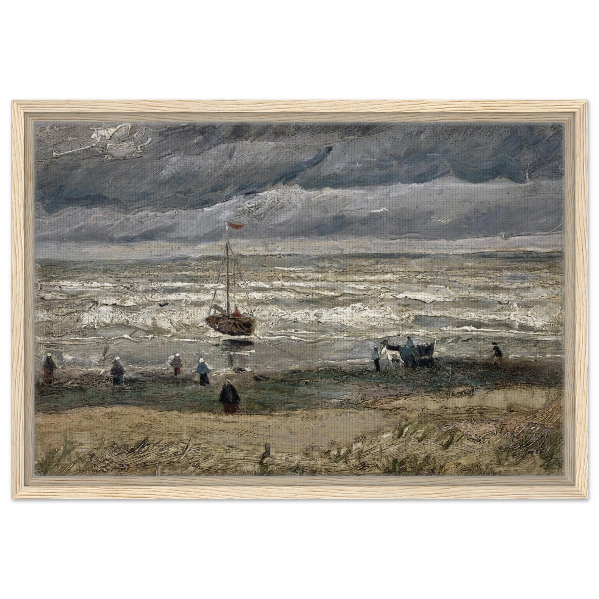 Fishing Boats on the Beach at Scheveningen – Vincent van Gogh Nautical Wall Art Print - Framed Canvas - 40x60 cm / 16x24″ - Wood frame