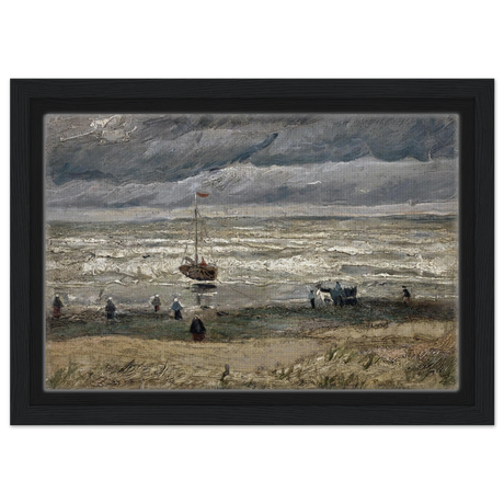 Fishing Boats on the Beach at Scheveningen – Vincent van Gogh Nautical Wall Art Print - Framed Canvas - 20x30 cm / 8x12″ - Black frame