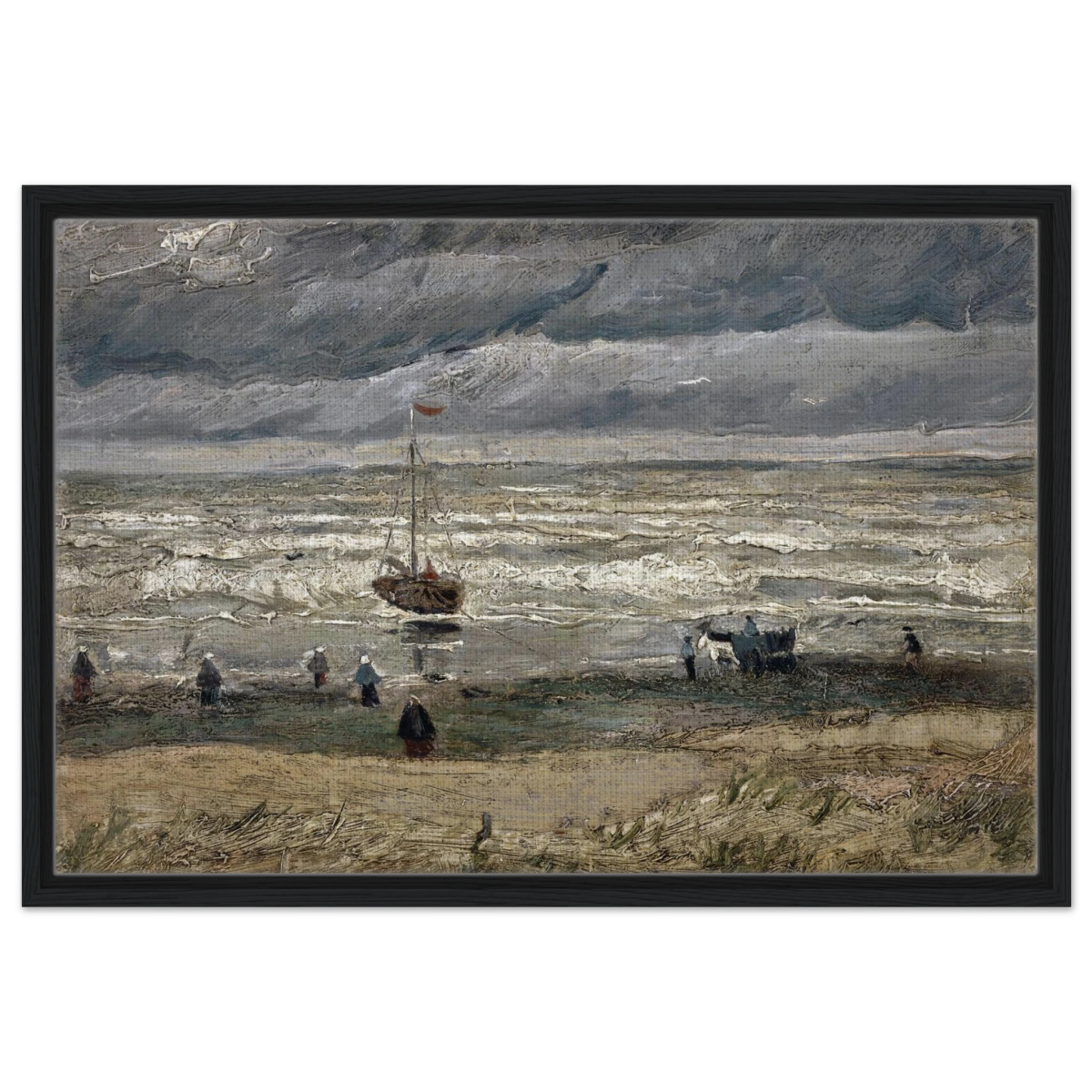 Fishing Boats on the Beach at Scheveningen – Vincent van Gogh Nautical Wall Art Print - Framed Canvas - 50x75 cm / 20x30″ - Black frame