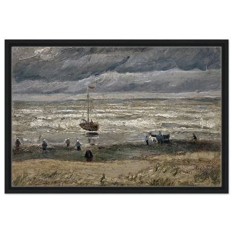 Fishing Boats on the Beach at Scheveningen – Vincent van Gogh Nautical Wall Art Print - Framed Canvas - 50x75 cm / 20x30″ - Black frame