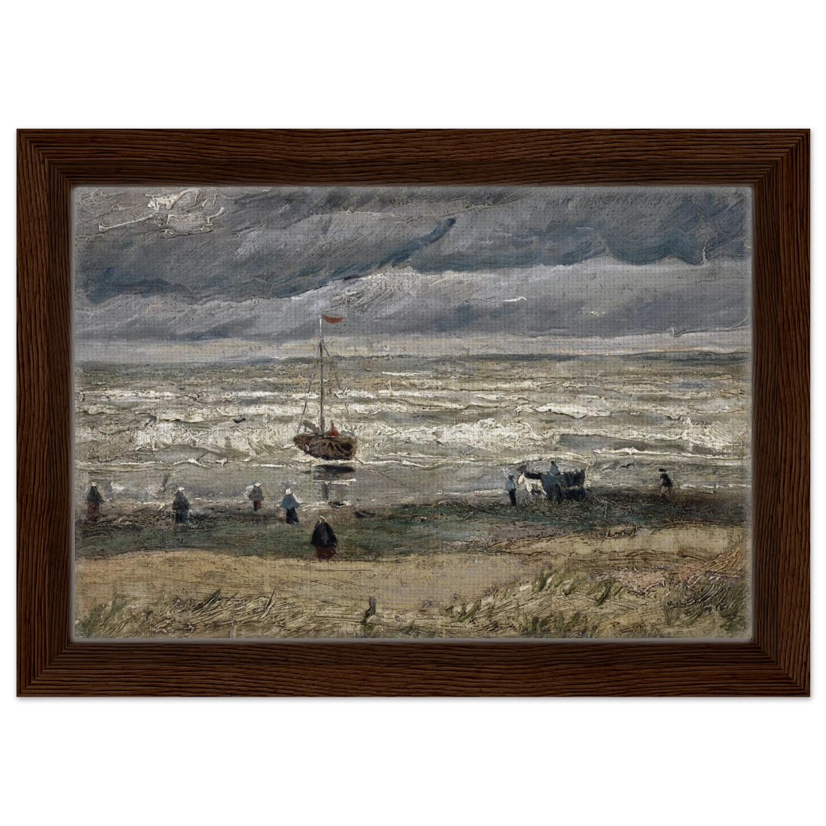 Fishing Boats on the Beach at Scheveningen – Vincent van Gogh Nautical Wall Art Print - Framed Canvas - 20x30 cm / 8x12″ - Dark wood frame