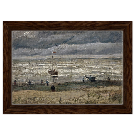 Fishing Boats on the Beach at Scheveningen – Vincent van Gogh Nautical Wall Art Print - Framed Canvas - 20x30 cm / 8x12″ - Dark wood frame