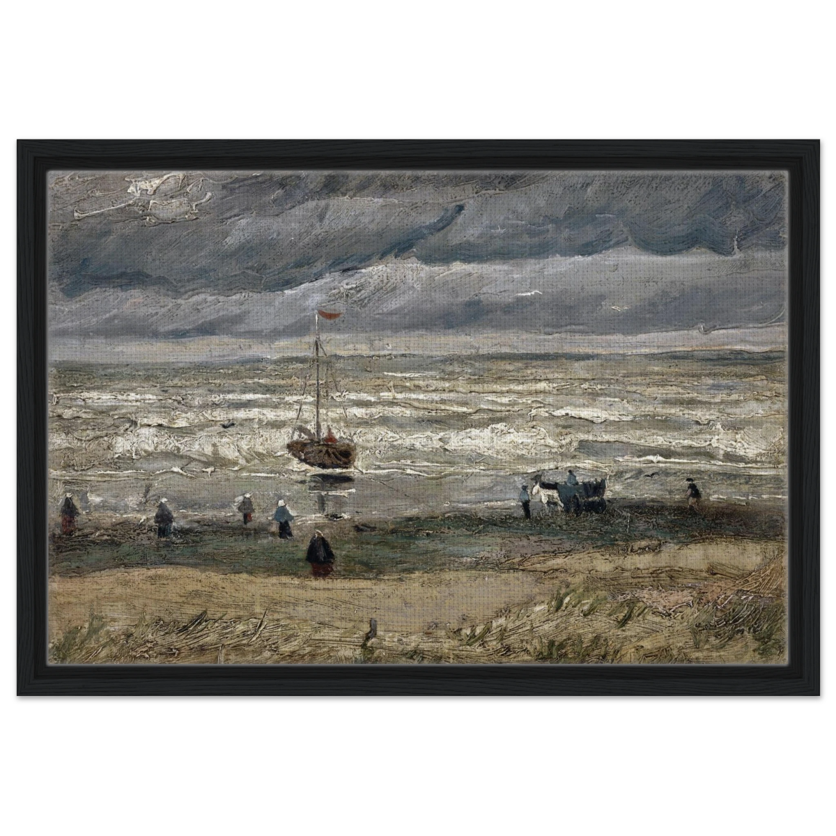 Fishing Boats on the Beach at Scheveningen – Vincent van Gogh Nautical Wall Art Print - Framed Canvas - 40x60 cm / 16x24″ - Black frame
