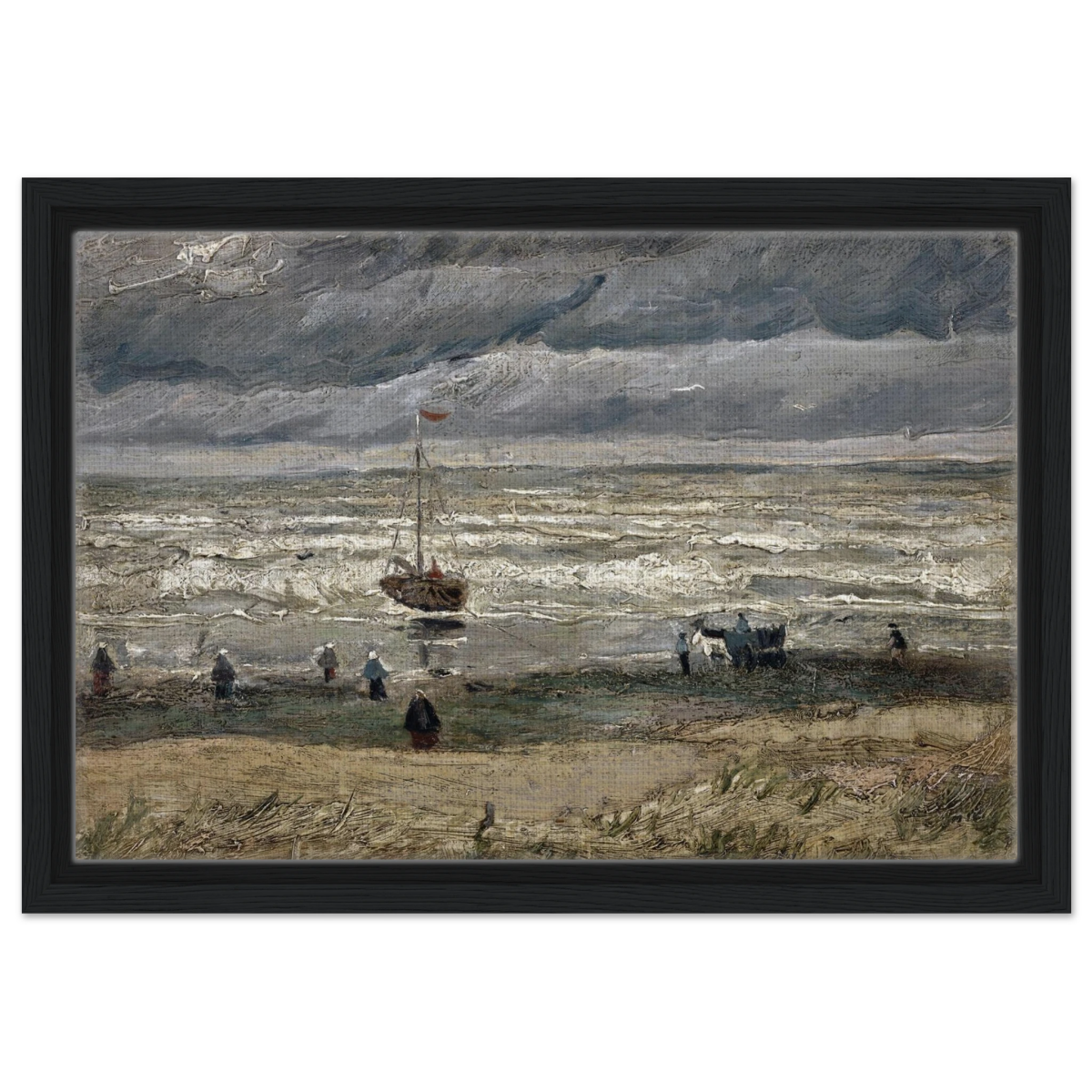 Fishing Boats on the Beach at Scheveningen – Vincent van Gogh Nautical Wall Art Print - Framed Canvas - 30x45 cm / 12x18″ - Black frame