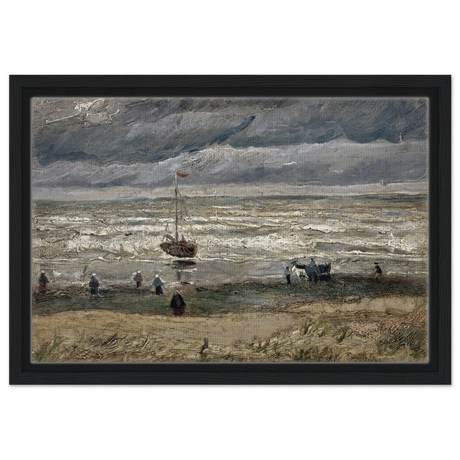 Fishing Boats on the Beach at Scheveningen – Vincent van Gogh Nautical Wall Art Print - Framed Canvas - 30x45 cm / 12x18″ - Black frame