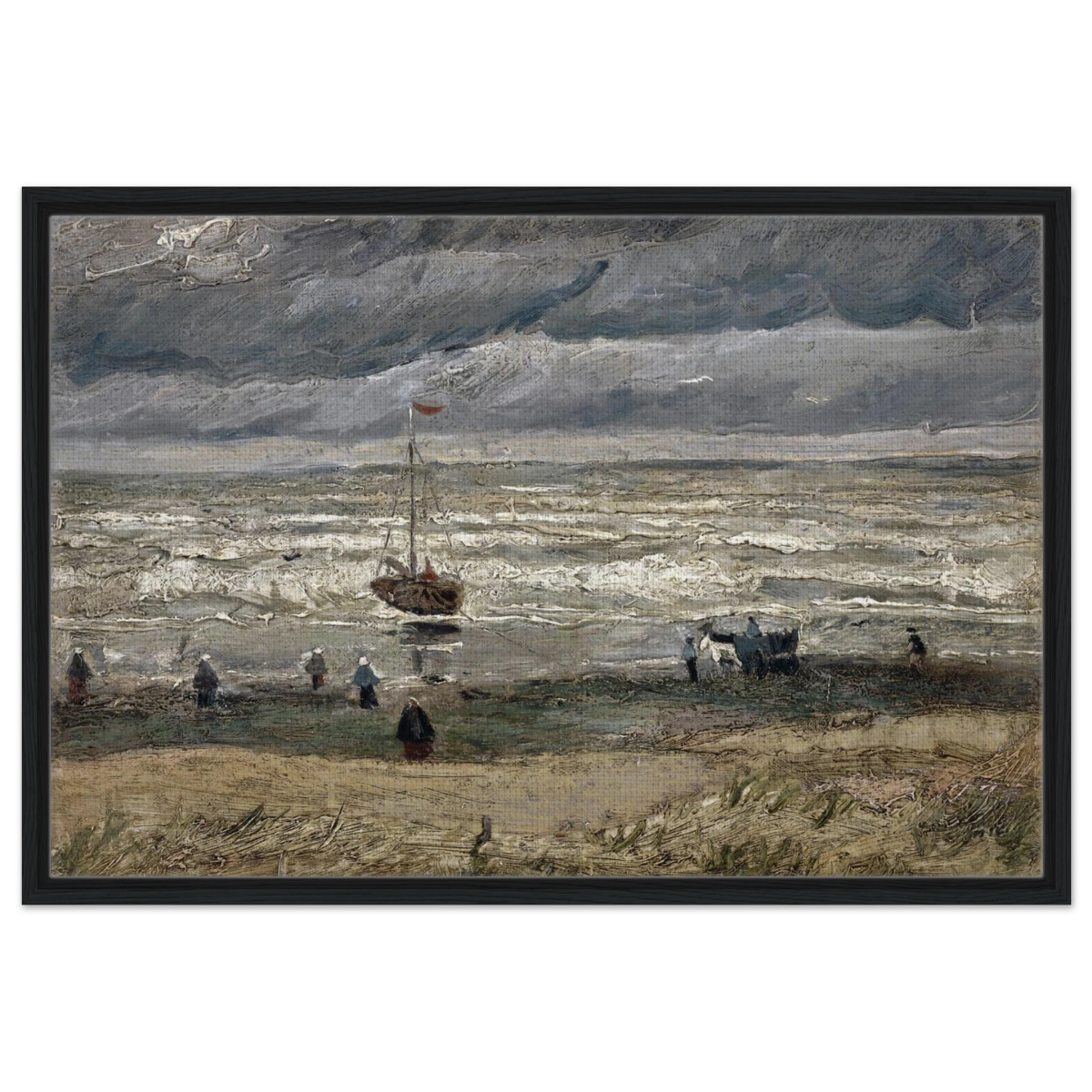 Fishing Boats on the Beach at Scheveningen – Vincent van Gogh Nautical Wall Art Print - Framed Canvas - 60x90 cm / 24x36″ - Black frame