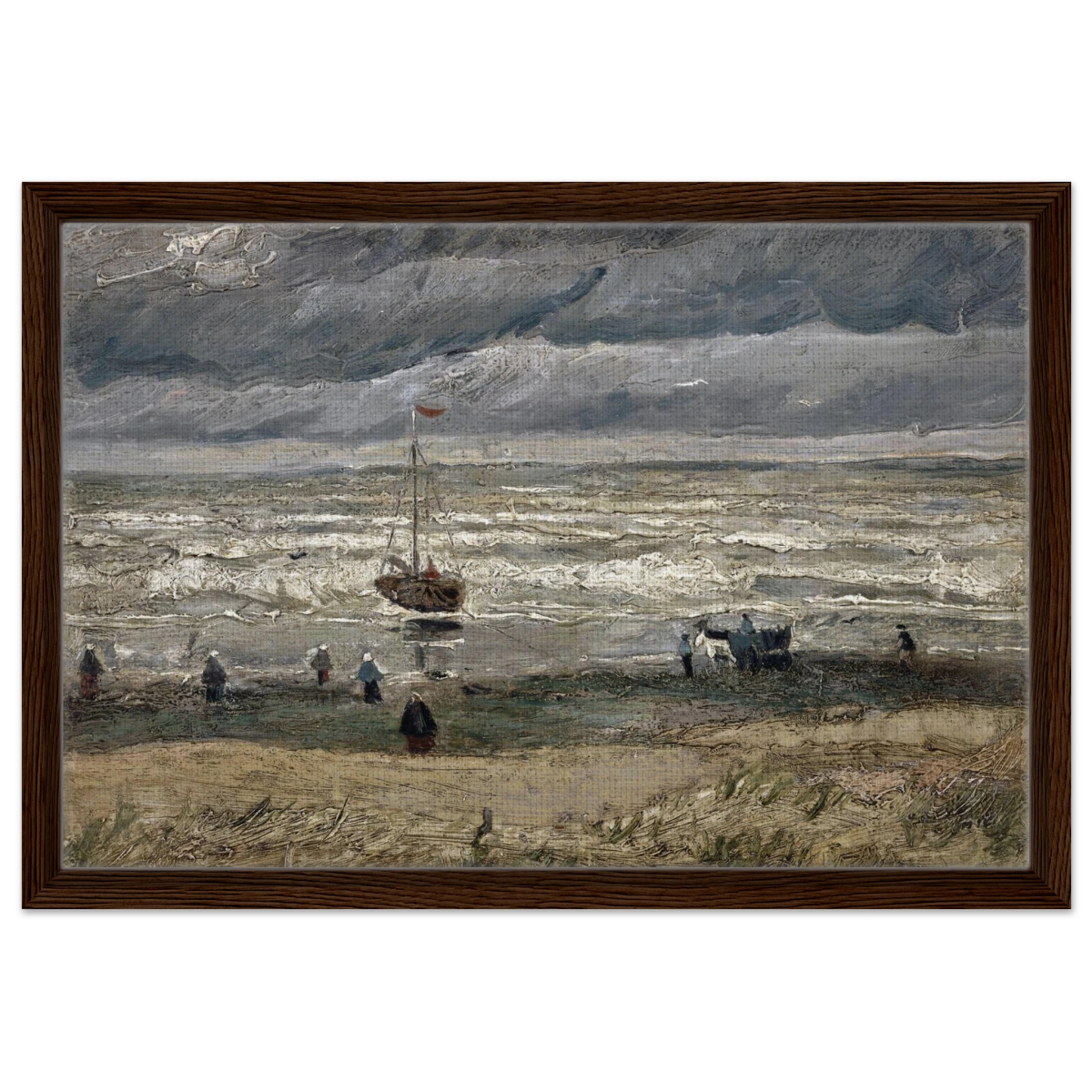 Fishing Boats on the Beach at Scheveningen – Vincent van Gogh Nautical Wall Art Print - Framed Canvas - 40x60 cm / 16x24″ - Dark wood frame