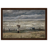 Fishing Boats on the Beach at Scheveningen – Vincent van Gogh Nautical Wall Art Print - Framed Canvas - 40x60 cm / 16x24″ - Dark wood frame