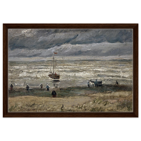 Fishing Boats on the Beach at Scheveningen – Vincent van Gogh Nautical Wall Art Print - Framed Canvas - 40x60 cm / 16x24″ - Dark wood frame