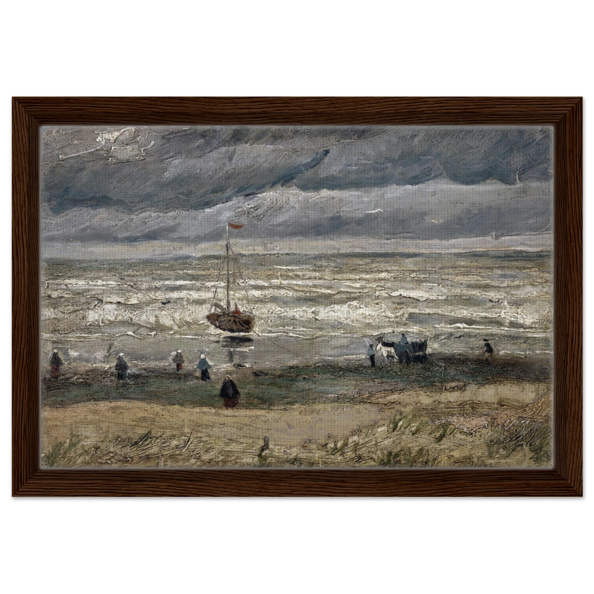 Fishing Boats on the Beach at Scheveningen – Vincent van Gogh Nautical Wall Art Print - Framed Canvas - 30x45 cm / 12x18″ - Dark wood frame