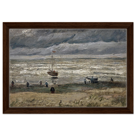 Fishing Boats on the Beach at Scheveningen – Vincent van Gogh Nautical Wall Art Print - Framed Canvas - 30x45 cm / 12x18″ - Dark wood frame
