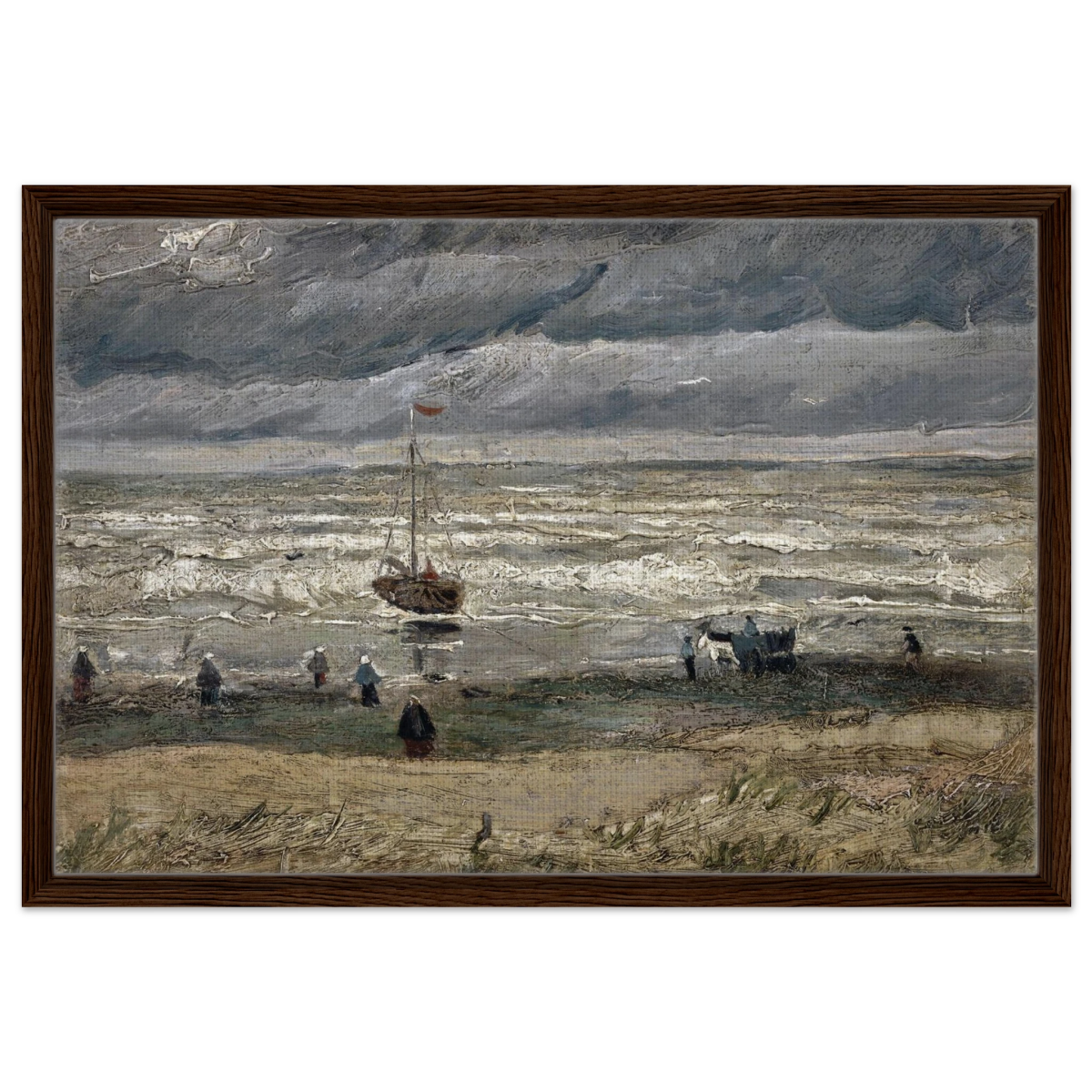 Fishing Boats on the Beach at Scheveningen – Vincent van Gogh Nautical Wall Art Print - Framed Canvas - 50x75 cm / 20x30″ - Dark wood frame