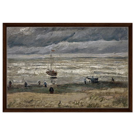 Fishing Boats on the Beach at Scheveningen – Vincent van Gogh Nautical Wall Art Print - Framed Canvas - 50x75 cm / 20x30″ - Dark wood frame