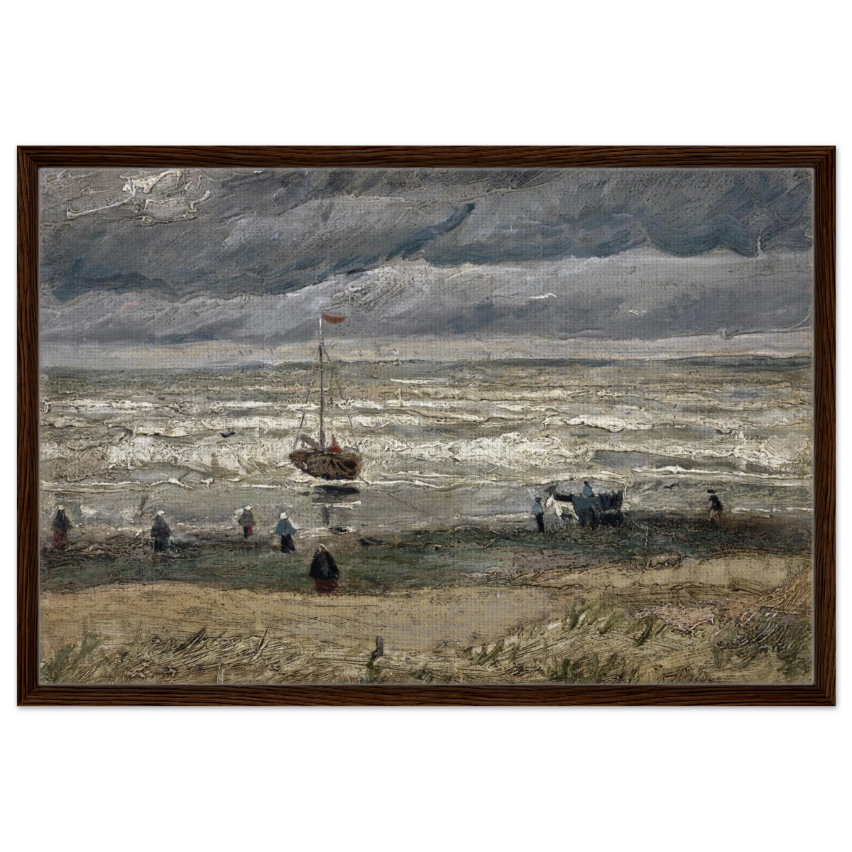 Fishing Boats on the Beach at Scheveningen – Vincent van Gogh Nautical Wall Art Print - Framed Canvas - 60x90 cm / 24x36″ - Dark wood frame