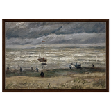 Fishing Boats on the Beach at Scheveningen – Vincent van Gogh Nautical Wall Art Print - Framed Canvas - 60x90 cm / 24x36″ - Dark wood frame