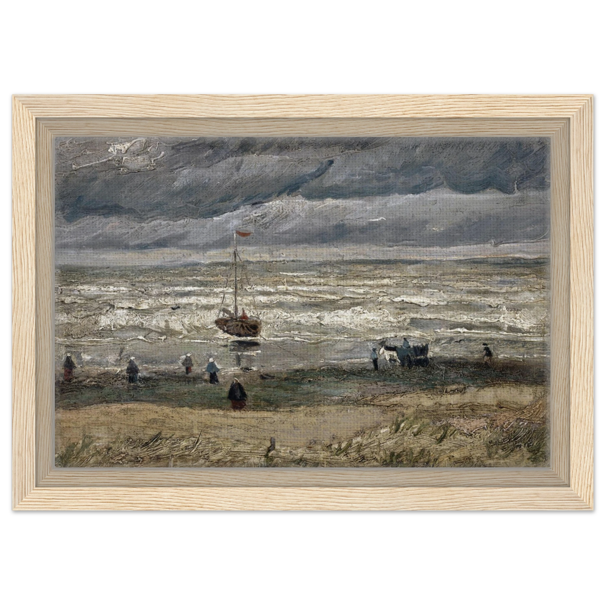 Fishing Boats on the Beach at Scheveningen – Vincent van Gogh Nautical Wall Art Print - Framed Canvas - 20x30 cm / 8x12″ - Wood frame