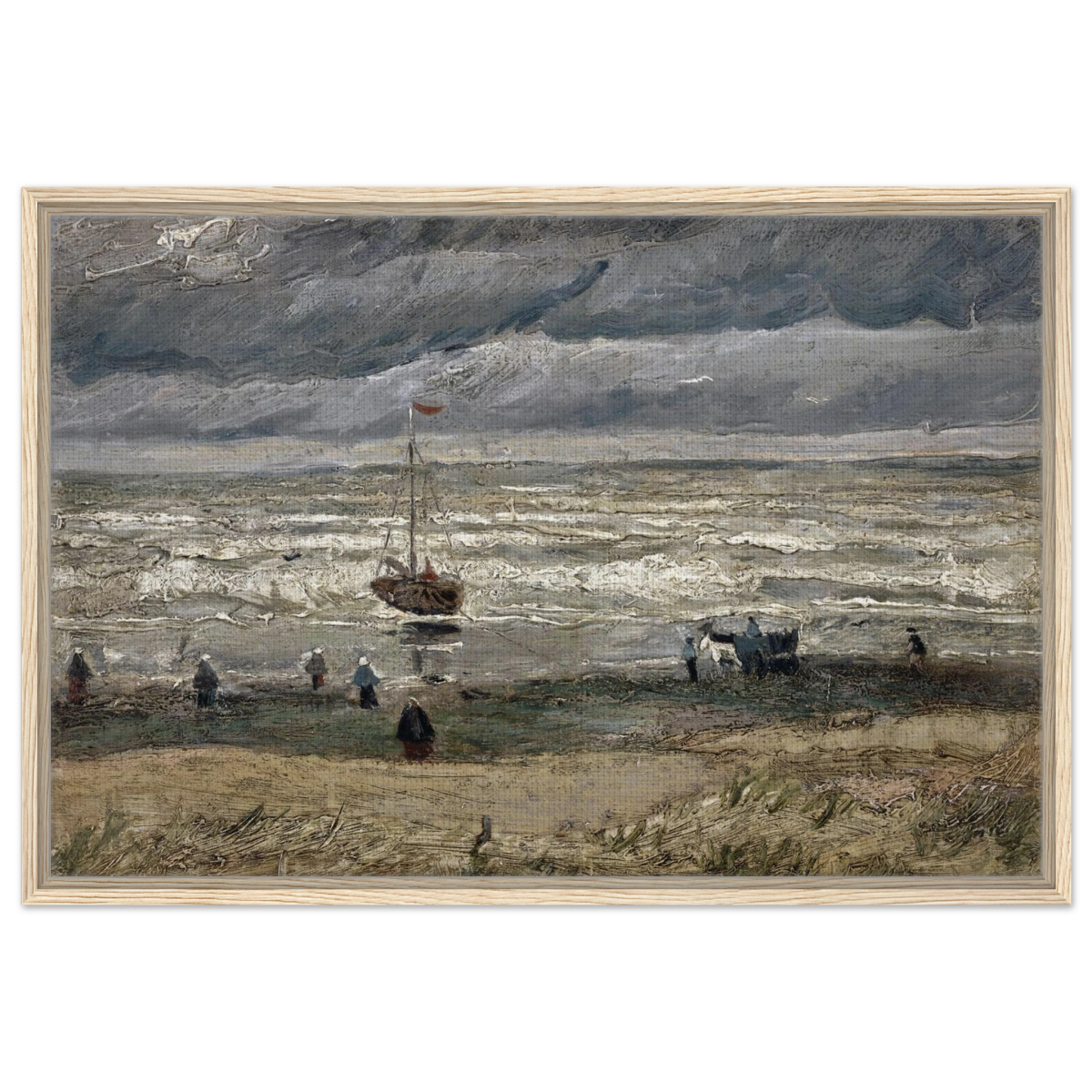 Fishing Boats on the Beach at Scheveningen – Vincent van Gogh Nautical Wall Art Print - Framed Canvas - 60x90 cm / 24x36″ - Wood frame