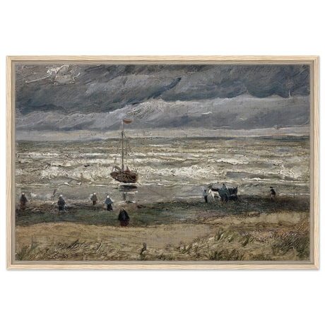 Fishing Boats on the Beach at Scheveningen – Vincent van Gogh Nautical Wall Art Print - Framed Canvas - 60x90 cm / 24x36″ - Wood frame