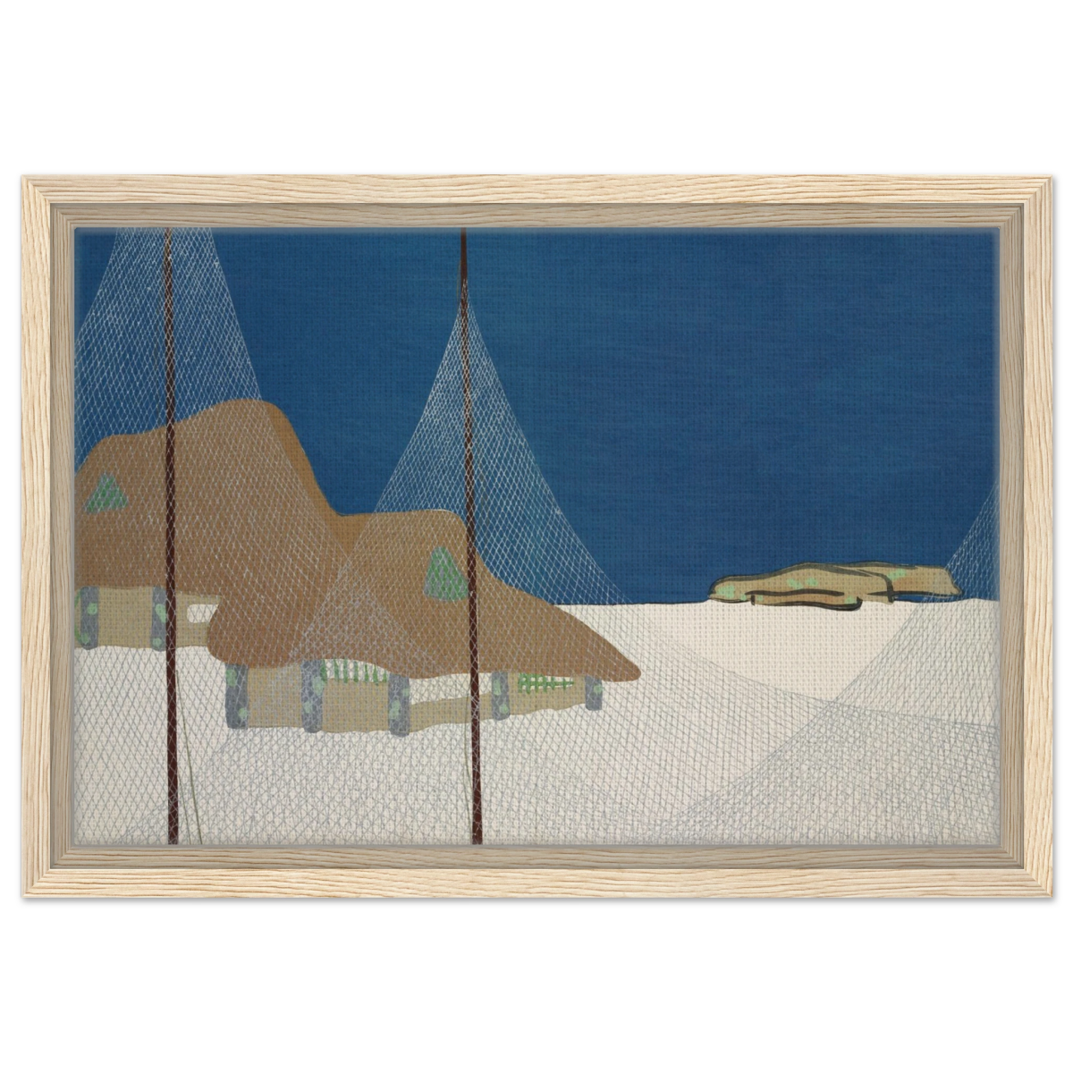 "Fishing Village" – Japanese Coastal Minimalism Wall Art Print by Kamisaka Sekka - Framed Canvas - 30x45 cm / 12x18″ - Wood frame