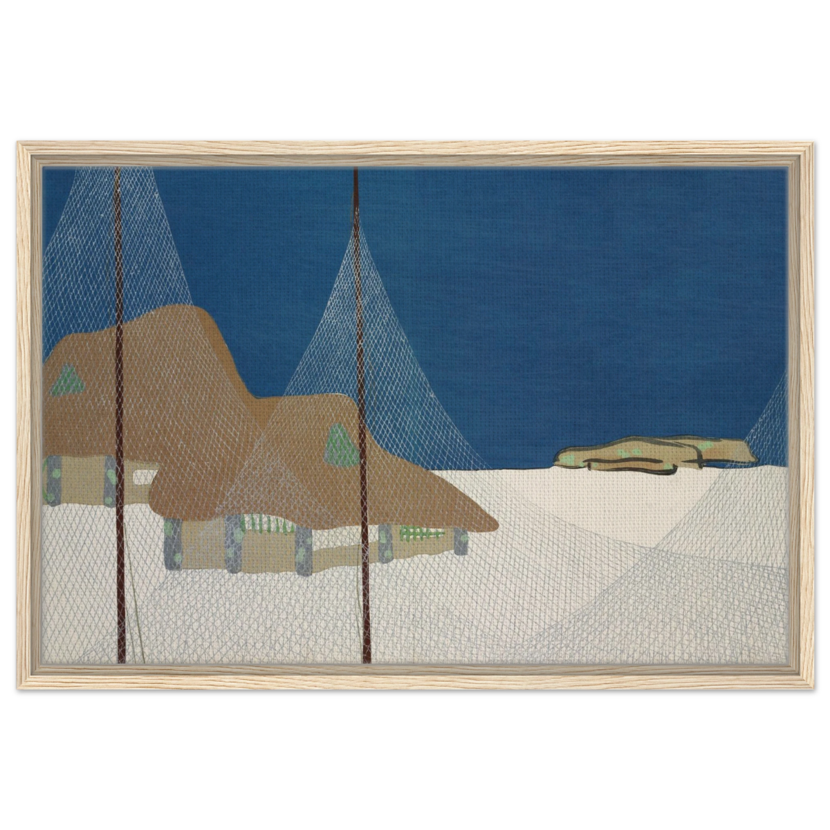 "Fishing Village" – Japanese Coastal Minimalism Wall Art Print by Kamisaka Sekka - Framed Canvas - 50x75 cm / 20x30″ - Wood frame