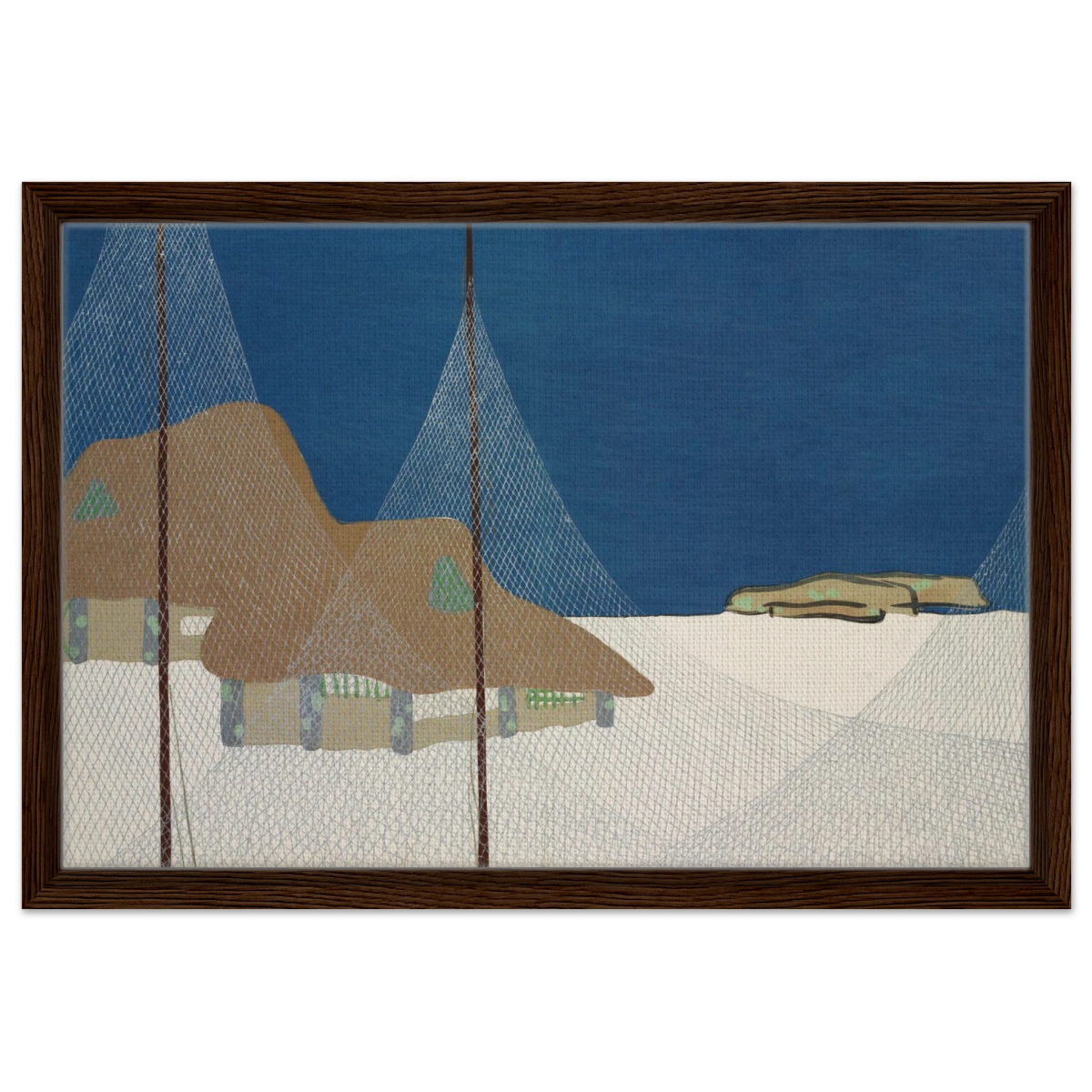 "Fishing Village" – Japanese Coastal Minimalism Wall Art Print by Kamisaka Sekka - Framed Canvas - 40x60 cm / 16x24″ - Dark wood frame
