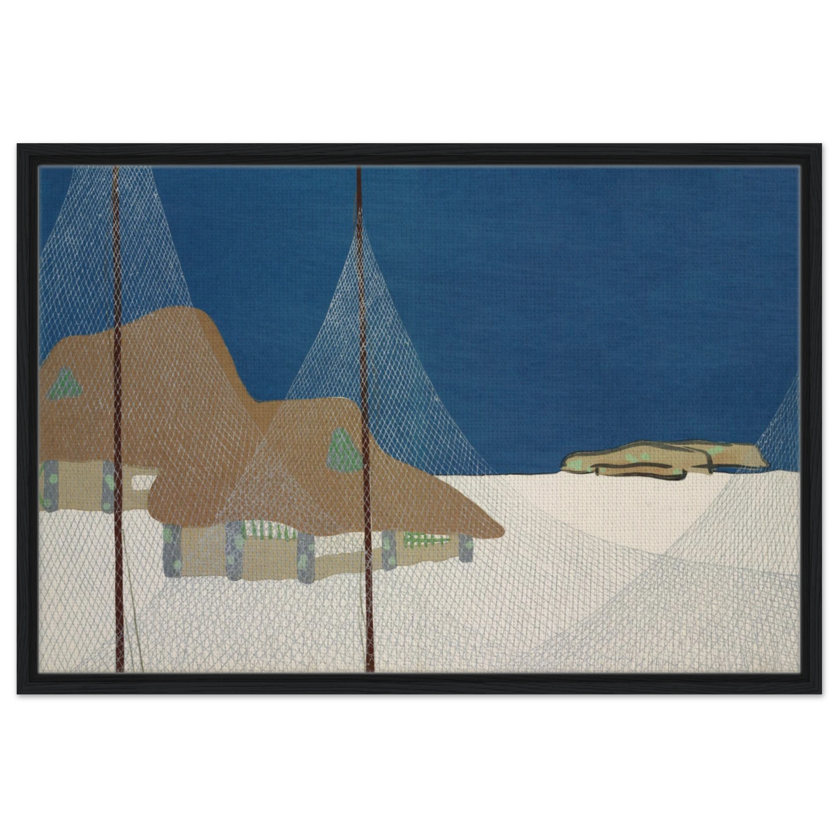 "Fishing Village" – Japanese Coastal Minimalism Wall Art Print by Kamisaka Sekka - Framed Canvas - 60x90 cm / 24x36″ - Black frame
