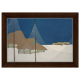 "Fishing Village" – Japanese Coastal Minimalism Wall Art Print by Kamisaka Sekka - Framed Canvas - 20x30 cm / 8x12″ - Dark wood frame